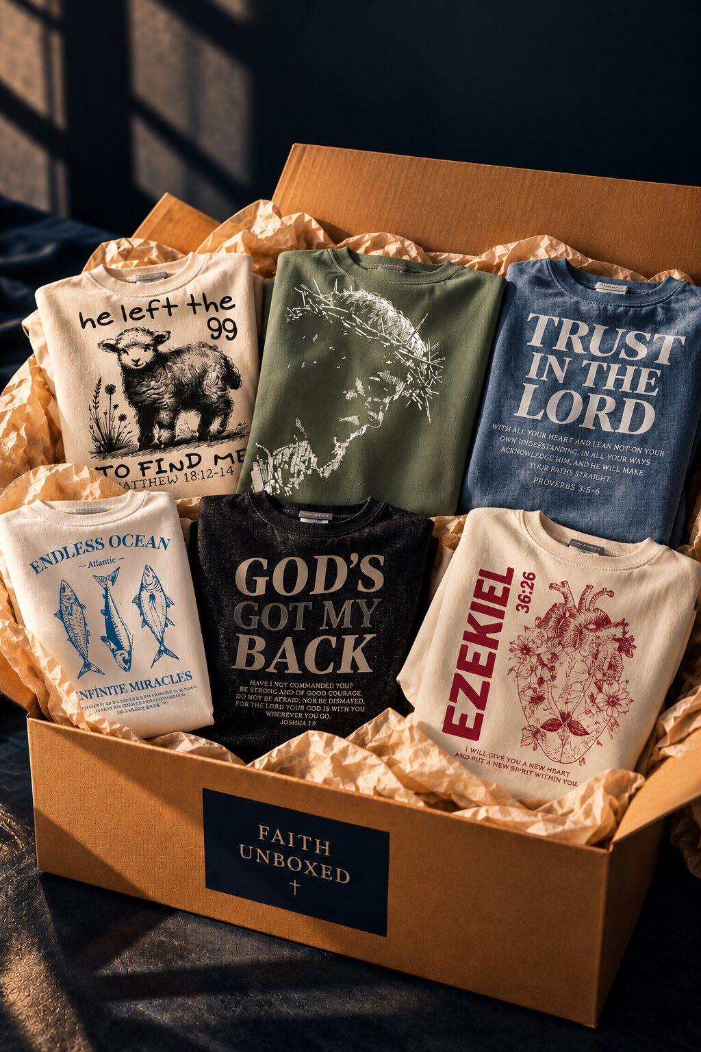 Couples Mystery Pack box with men's and women's Christian graphic tees (illustration)
