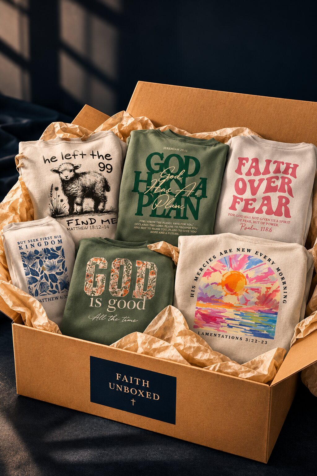 Women's Mystery Pack box with folded Christian graphic tees (illustration)