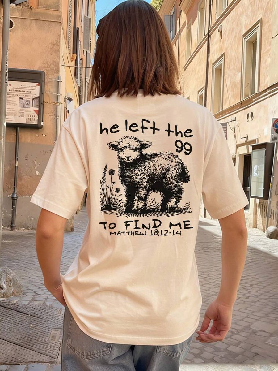 Woman wearing the He Left the 99 tee on a city street